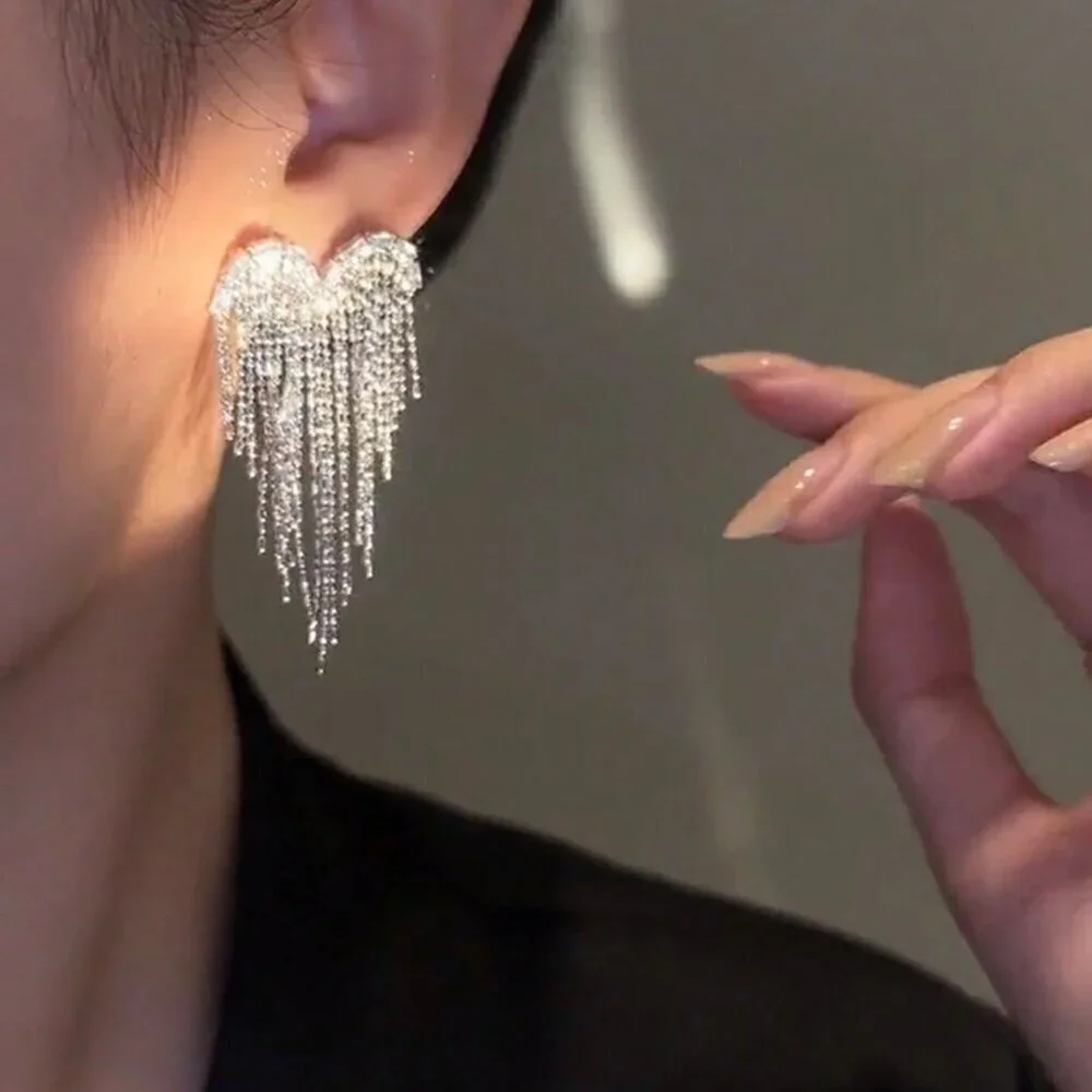 Silver Casual Women's Heart Shaped Rhinestone & Tassel Earrings